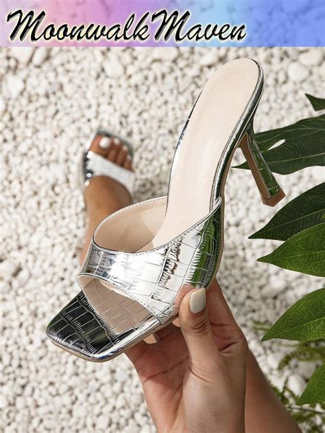 Metallic Crocodile Embossed Heeled Mule Sandals, Silver Party Alligator ...