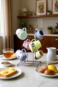 Buy Porcelain Coffee Mug Set – 6 Pieces with Metal Stand | Multi-Colour ...