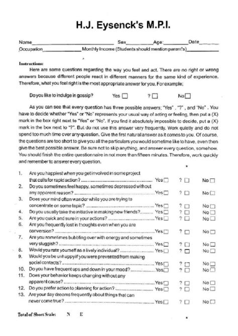 Eysenck MPI Questionnaire: Personality Assessment Tool - Studocu
