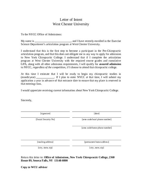 Letter of Intent - West Chester University Doc Template | pdfFiller