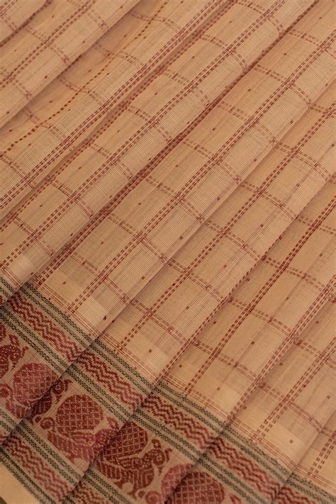 Sandal cream thread checks pure handloom cotton saree – Clio Silks