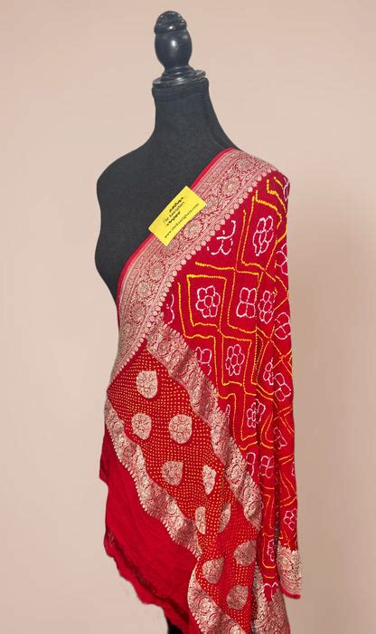 Red Pure Georgette Bandhani Banarasi Handloom Dupatta — The Kaarighars