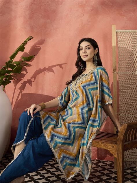 Blue Geometric Printed Yoke Design Mirror Work Kaftan Kurta With Dhoti ...