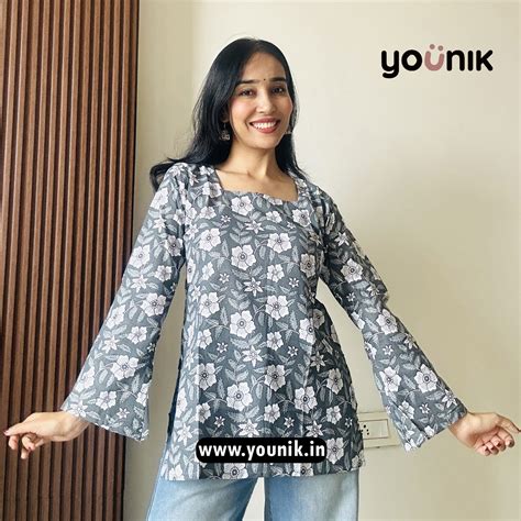 Gray Floral Printed Bell Sleeve Short Kurti – YOUNIK