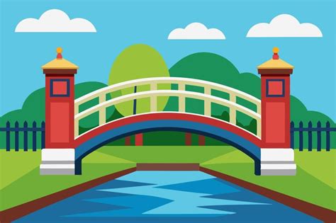 A colorful bridge crosses over a serene body of water under a clear ...