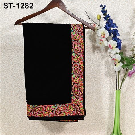 Black Velvet Shawl Dupatta – Embroidered Floral Border Wrap for Bridal ...