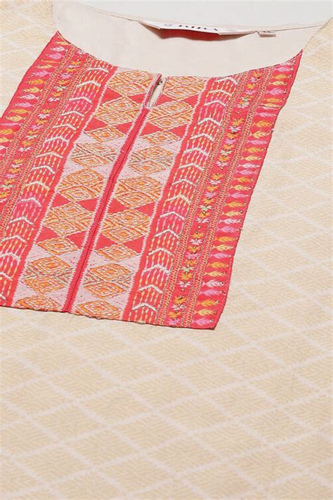 Beige Cotton Blend Straight Kurta Palazzo Suit Set