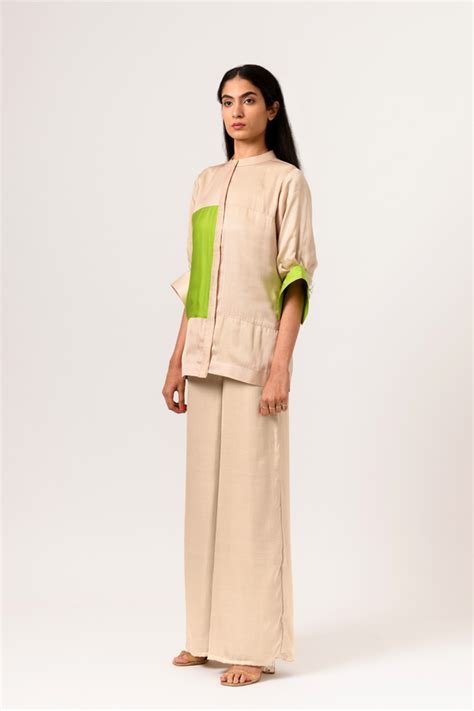 Neora By Nehal Chopra - Ecru green color blocked shirt - Elahe
