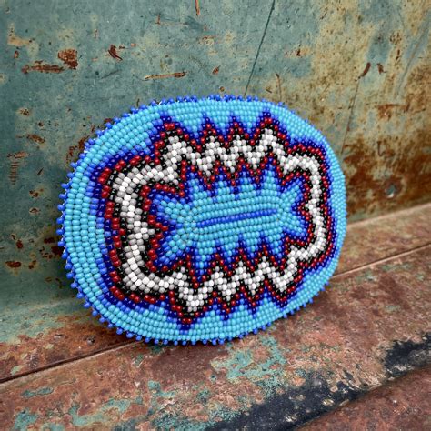Large Vintage Beaded Belt Buckle Leather Backed Blue Red Black White ...