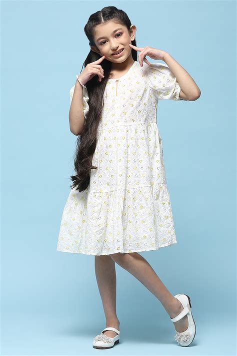Buy White Tiered Schiffli Cotton Dress Online at Biba India