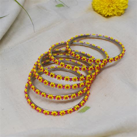 Yellow and Pink Floral Beadwork Bangles — TVAMI