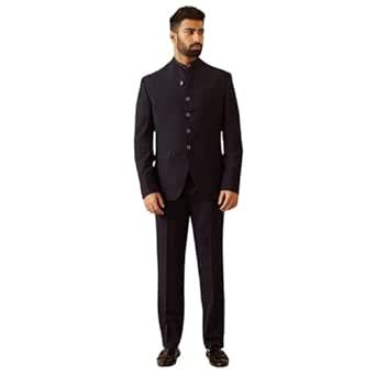 Buy TASVA Navy Plain Stretch Bandhgala With Built Up Neck For Men ...