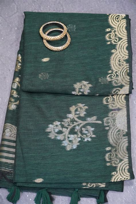 Linen Saree - Zari Border Green – Charvi Boutique