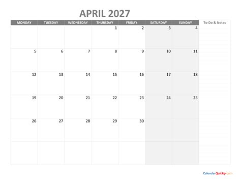 April Monday Calendar 2027 with Notes | Calendar Quickly