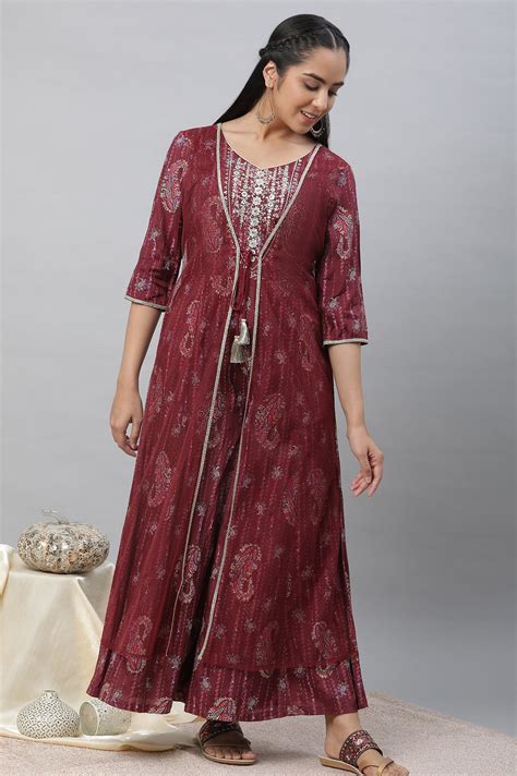 Buy Maroon Embellished Festive Jumpsuit with Attached Sheer Layer ...