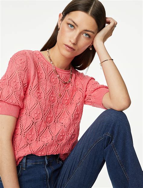 Buy Pure Cotton Textured Round Neck Knitted Top at Marks & Spencer
