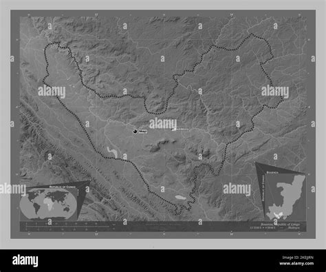 Bouenza, region of Republic of Congo. Grayscale elevation map with lakes and rivers. Locations ...