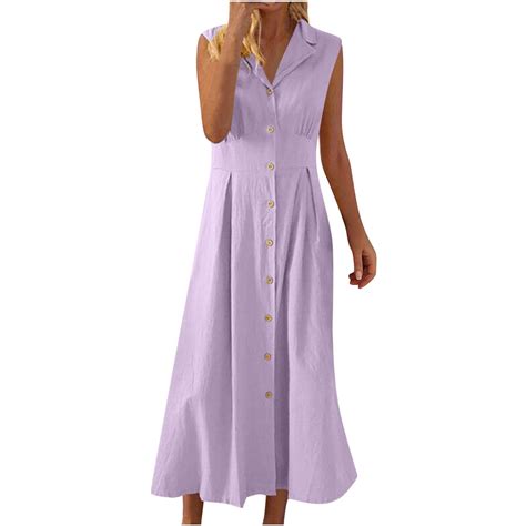 Linen Dressy Mini Dresses for Women 2025 Full Button Down Lapel ...
