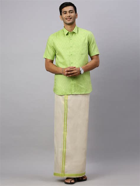 Men Macho Lite Green Colour Shirt & Matching Border Tissue Dhoti Set CCB
