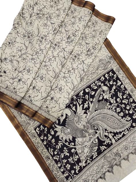 Exquisite Black & White Kalamkari Hand-Painted Silk Saree