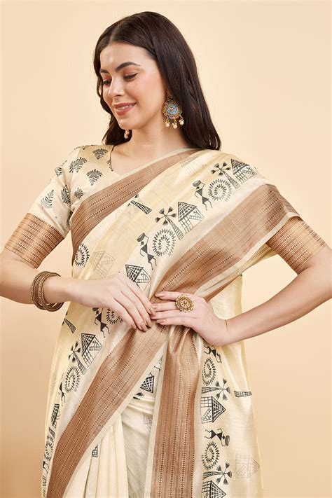 Buy Cream Silk Ethnic Motifs Printed Saree online-Karagiri