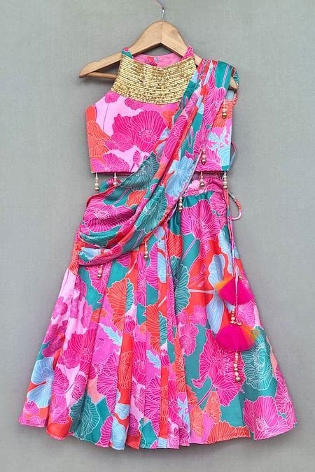 Buy Pink Satin, Muslin, Cotton Beads, Floral Printed Lehenga Saree With ...