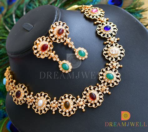 DREAMJWELL - Beautiful Gold Tone Cz Navarathna Designer Necklace Set D ...