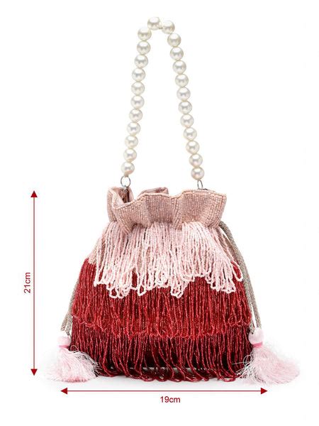 Anekaant Dangle Pink & Red Bead Work Embellished Satin Potli