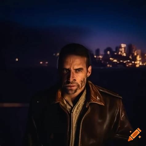 Portrait of rugged Spanish man with burn scars in San Francisco night ...