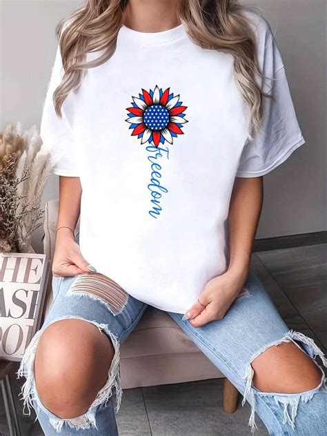 Sunflower Freedom American Flag USA 4th Of July Fourth Women T-Shirt ...