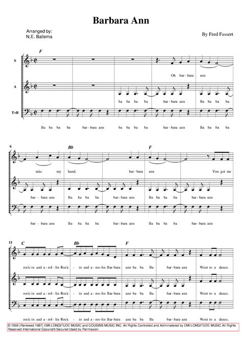 Barbara Ann (arr. N.E. Ballema) by The Beach Boys Sheet Music for SATB ...