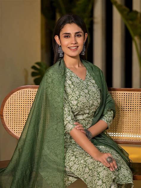 Sea Green Pure Cotton Floral Print Straight Kurta With Trousers And Du ...