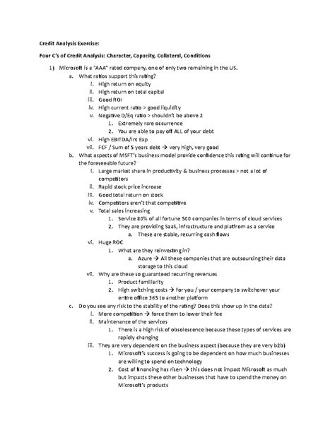 Credit Analysis - In class notes on lecture with Amy Kratchman - Credit ...