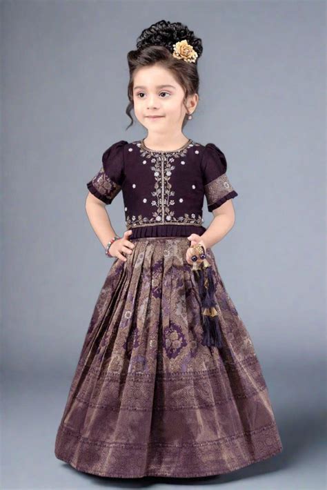 Brown Silk Pattu Pavadai With Gold Foil Print For Girls – Lagorii Kids