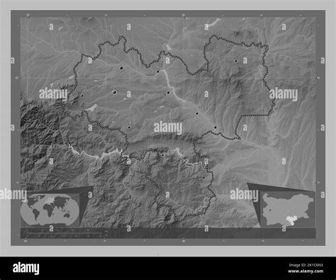 Haskovo, province of Bulgaria. Grayscale elevation map with lakes and rivers. Locations of major ...