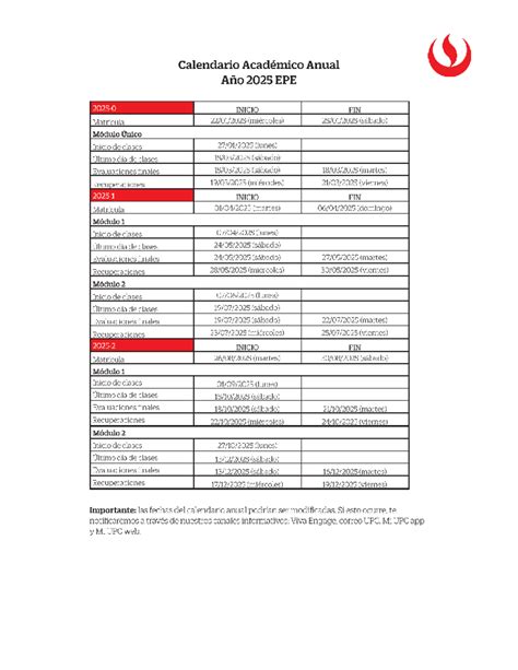 Calendario Académico Anual 2025 EPE: Fechas Importantes y Módulos - Studocu