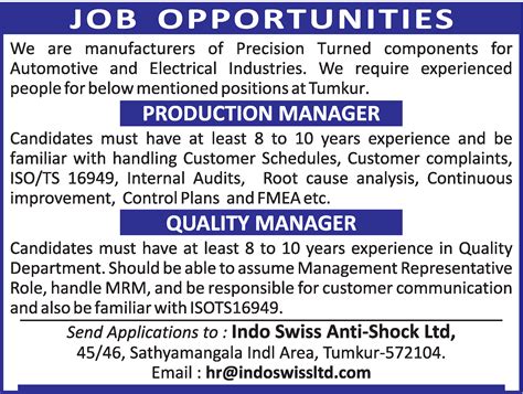 Production Manager job vacancy at Indo Swiss Anti-Shock Limited
