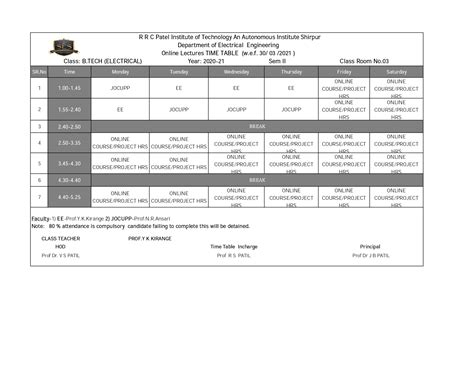 Electrical Engineering Timetable