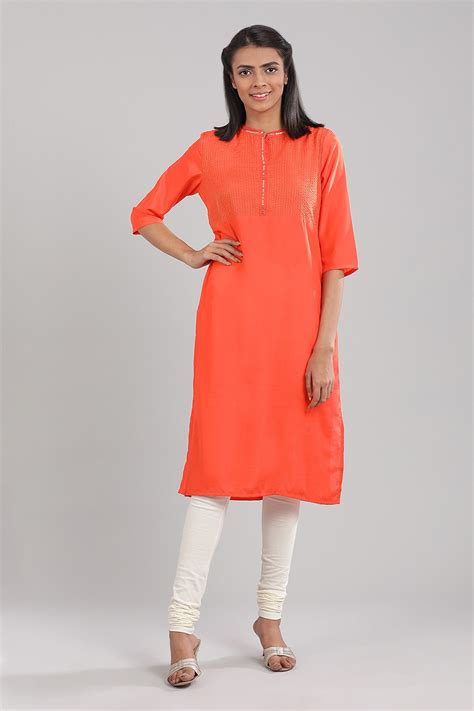 Buy Orange Band Collar Solid kurta Online for Woman | Shop for Aurelia