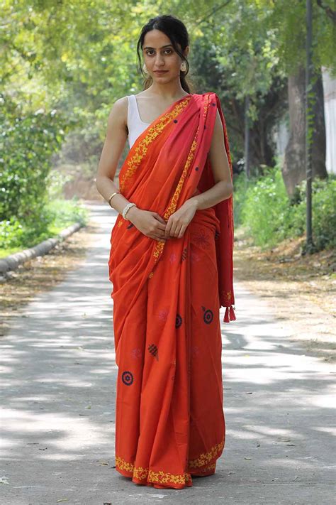 Shop Orange & Pink Nature Inspired Hand-Block Printed Saree by KASIA at ...