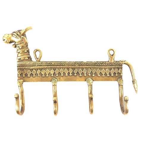 Brass 4 Dhokra Cow Shaped Key Wall Hooks
