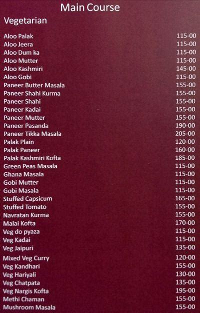 Menu at Piking Palace, Secunderabad