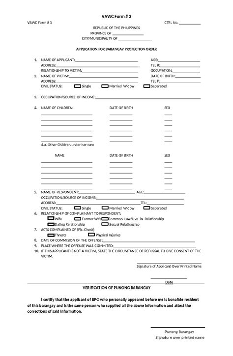 VAWC Form 3: Application for Barangay Protection Order (BPO) - Studocu