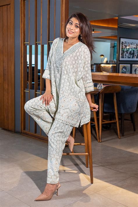 Pearl and Mirror embellished Tunic Set in Powder Blue – The STORY Brand