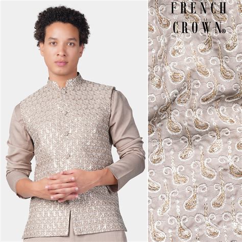 Foggy Brown PaisleyTextured Premium Polyester Designer Nehru Jacket For Men
