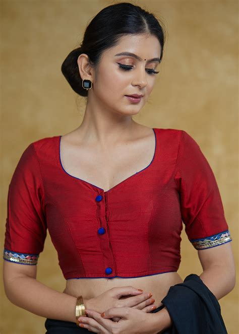 Classic Maroon Cotton Silk Blouse with Blue Lace Detailing and Blue Bu ...