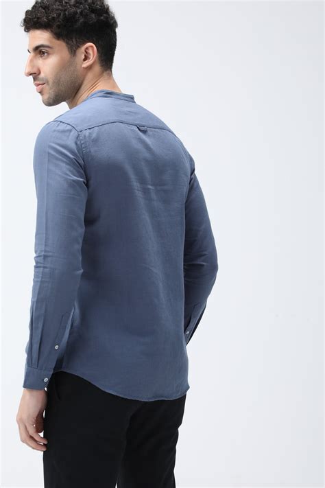 Bare Brown Mandarin Collar Cotton Linen Shirt, Slim Fit with Full Slee ...