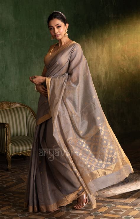 Soft Grey Silk Cotton Chanderi Saree With Gold Zari Design – Thearyavart