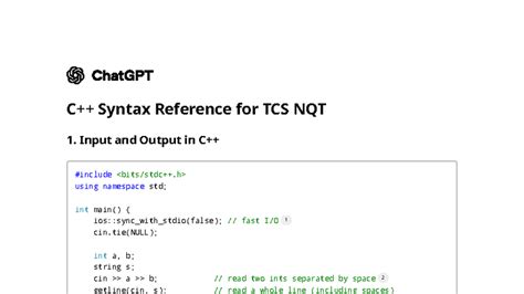 C++ Syntax Reference for TCS NQT - Input and Output in C++ #include ...