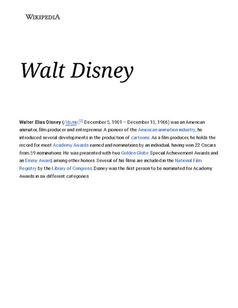 Walt Disney - Wikipedia - Walt Disney Walter Elias Disney (/ˈdɪzni/;[2 ...